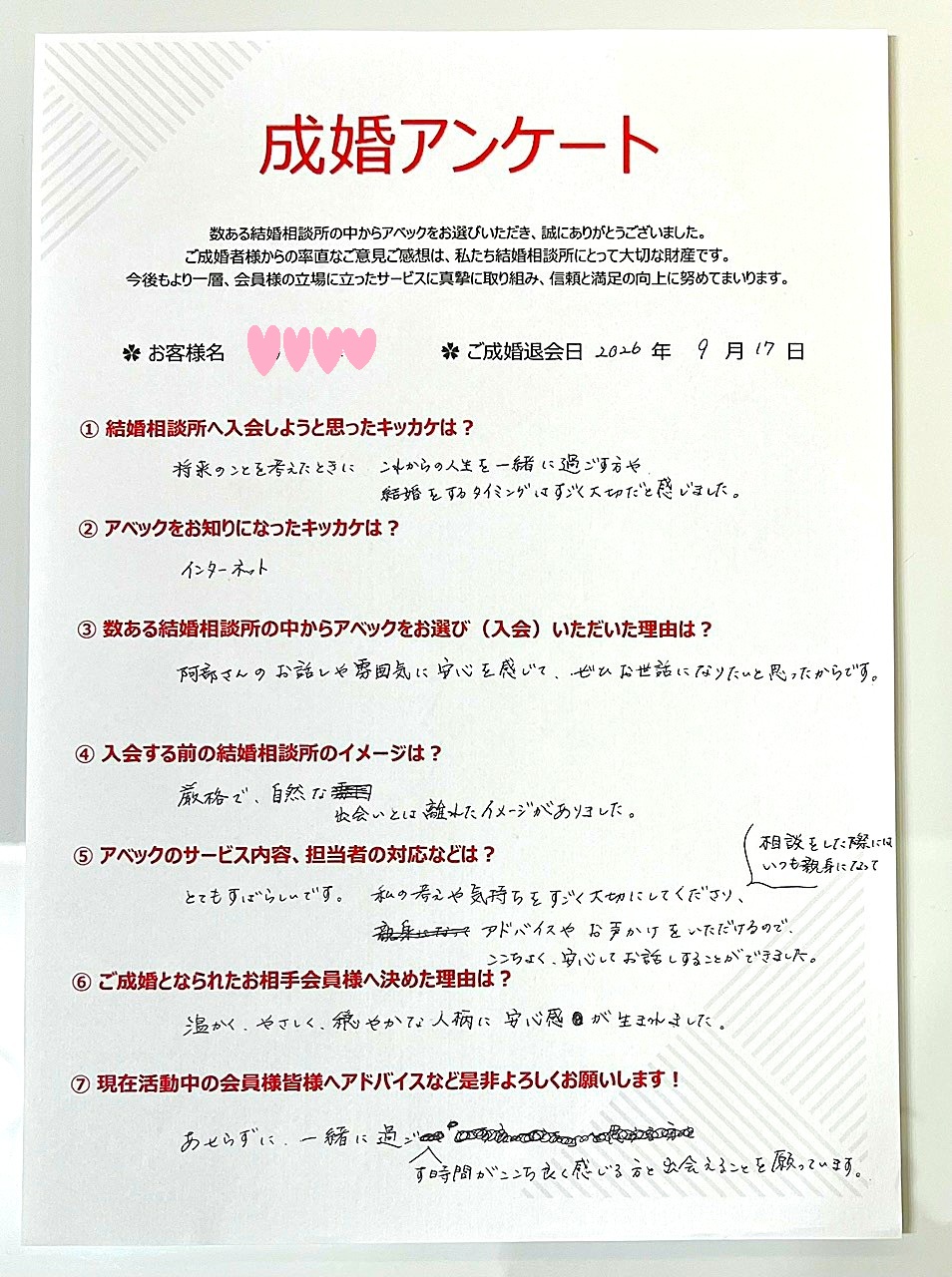 20代ご成婚実績(29歳、名古屋市、女性会員様アンケート)